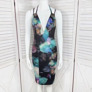 Bebe Watercolor Plunge Neck Open Back Bodycon Y2K Club Dress Black Teal XS